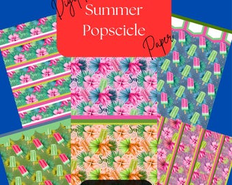 May include: A set of four digital papers featuring a summer popsicle theme. The papers feature tropical leaves, flowers, and popsicles in shades of pink, green, and blue. The text "Summer Popsicle Paper" and "Goodnotes ONLY" is included on the papers.