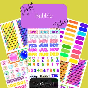 May include: A set of digital stickers for Goodnotes featuring colorful bubble-shaped text, numbers, and checkmarks. The stickers are pre-cropped and ready to use. The text includes the months of the year, days of the week, and numbers 1 through 9.
