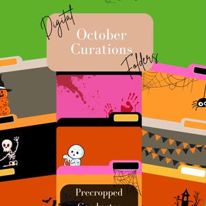 May include: Digital October Curation folders with Halloween-themed illustrations. The image features folders with a pumpkin, skeleton, mummy, spider web, and haunted house. Text includes "Digital", "October Curation", "Folders", and "Precropped Goodnotes *ONLY*".