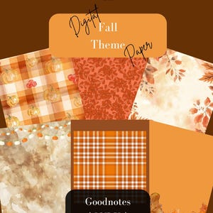 May include: Digital Fall Theme Paper for Goodnotes. A set of six digital papers featuring a variety of autumn-themed patterns, including plaid, leaves, and pumpkins. These papers are perfect for use in Goodnotes and other note-taking apps.