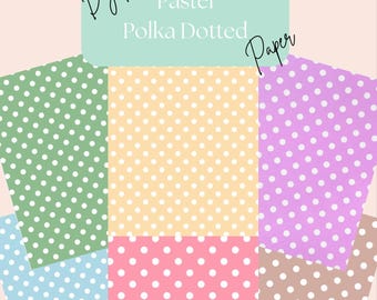 May include: Digital pastel polka dotted paper in various colors, including green, yellow, purple, pink, blue, and brown. Each sheet features a white polka dot pattern. The text "Goodnotes *ONLY*" is visible.