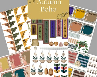 May include: Digital Autumn Boho stickers for pre-cropped Goodnotes. The stickers feature a variety of designs, including monthly banners, hanging plants, and decorative elements in shades of mustard, brown, and teal. The text includes "Plan On It", "Focus On", and calendar dates.