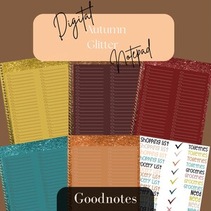 May include: Four digital notepad templates with autumn-themed glitter backgrounds. The templates are in shades of gold, brown, red, and teal. The text "Goodnotes *ONLY*" is visible in the center of the image. The templates are designed for use with the Goodnotes app.
