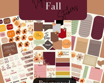 Könnte beinhalten: Digitale Herbst-Sticker für die Goodnotes-App. Die Sticker zeigen Herbstfarben, Blätter, Kürbisse und andere Herbstelemente. Die Sticker sind für die Verwendung in der Goodnotes-App zugeschnitten.