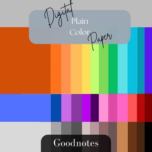 Pode incluir: Um pacote de papel digital com um arco-íris de cores para Goodnotes. O pacote inclui 24 cores diferentes, incluindo laranja, amarelo, verde, azul, roxo, rosa e vermelho. O texto "DigitaljascreationCo" e "Goodnotes *ONLY*" é visível na imagem.