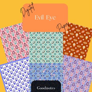 May include: Digital paper designs featuring an evil eye pattern in various colors, including pink, blue, and brown. The designs are displayed on a yellow background with the text "Digital Evil Eye Paper" and "Goodnotes *ONLY*."