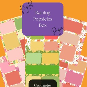 Puede incluir: Un conjunto de páginas de planificador digital para Goodnotes con una caja morada con el texto "Raining Popsicles Box" y un fondo amarillo con un patrón de paletas de hielo coloridas. El texto "Goodnotes *ONLY*" también está incluido.