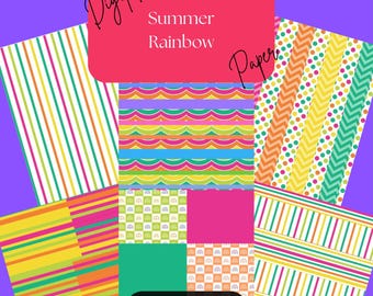 May include: A set of 8 digital papers for Goodnotes featuring a summer rainbow theme. The papers include stripes, polka dots, and chevron patterns in bright colors like yellow, orange, green, blue, and pink.