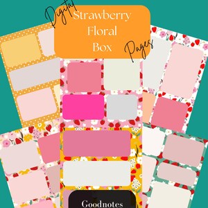 May include: Digital Strawberry Floral Box Pages. A collection of digital planner pages with a strawberry and floral theme. The pages feature rectangular boxes in shades of pink, white, and yellow, with the text "Goodnotes *ONLY*".