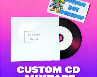 May include: A custom CD mixtape with a white sleeve that reads "MY GRANDPA BEST OF." A black CD is partially visible. A sticker with a cartoon robot and the text "CUSTOM BOY WEBSHOP" is in the upper right. The words "CUSTOM CD MIXTAPE" are at the bottom.