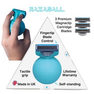 May include: A turquoise spherical razor labelled RAZABALL with a replaceable blade cartridge. Features include fingertip blade control, a tactile grip, and self-standing design. Includes three premium Magnaclip cartridge blades. Made in the UK.