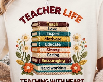 Teacher Life PNG Design, Faux Yarn Crochet Floral Teacher Book Stack, Teacher Appreciation Gift, Teach Love Inspire Sublimation