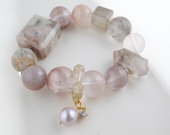 Marble Pink Rutile Quartz Beaded Bracelet, Pearl Gold Dangle, Victorian Jewelry, valentines gift
