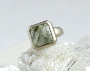 Green Rutile Quartz| Sterling Silver Ring, Minimalist, Futurism Spiritual Gift