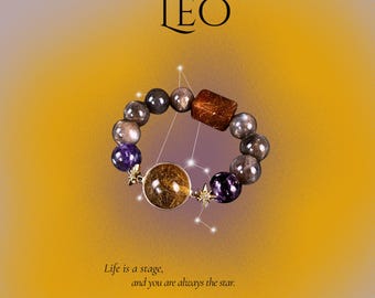 Leo Zodiac Crystal Bracelet, Golden Rutilated Quartz, Lepidolite, Black Sunstone, Copper Rutile Quartz