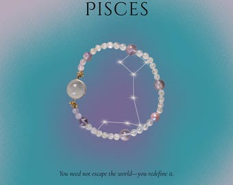 Pisces Zodiac Crystal Bracelet, Blue Rutilated Quartz, Kunzite, Amethyst, Pearl, Vintage Jewelry Gift