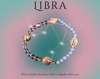 Libra Zodiac Crystal Bracelet, Angelite, Phantom Quartz, Rutilated Quartz