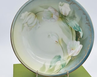 RS Germany Antique Hand Painted Tulip Porcelain Bowl Gold Gilt Teal 10"