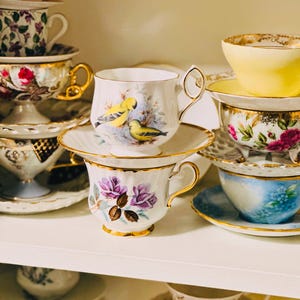 A collection of teacups and saucers with floral and bird designs. The teacups are white with gold trim and feature various floral and bird patterns. The saucers are also white with gold trim and match the teacups.