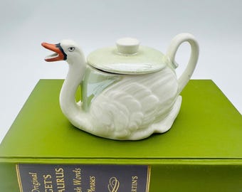 Czechoslovakia Vintage Swan Teapot or Creamer Iridescent Luster Mint Green Lid