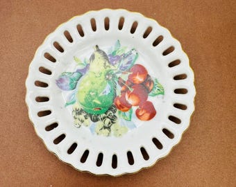 Vintage Japan Reticulated Fruit Decorative Plate Pear Cherries 4" Kitchen Decor
