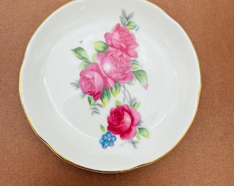 Vintage Bone China Japan Pink Rose Butter Pat Floral Mini Trinket Dish 3.25"