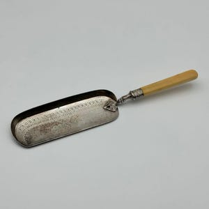 May include: An antique silver-toned scoop with a decorative handle. The scoop has an oval shape with etched patterns and a detailed design at the base. The handle is a light tan color.