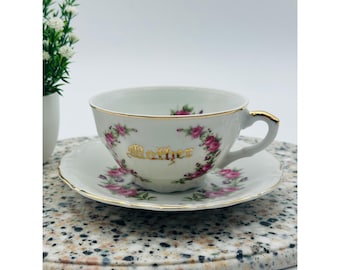 Norcrest Fine China Mother Teacup and Saucer Set Pink Roses Gold Trim