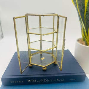 May include: A vintage hexagonal display case with a gold-colored metal frame and glass panels. The case has three interior shelves and two hinged doors. The case is open, revealing the interior. The case sits on a blue book.