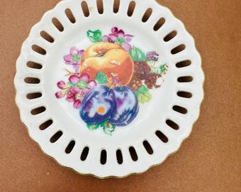 Vintage Japan Reticulated Fruit Decorative Plate Peach Plum  4" Kitchen Decor