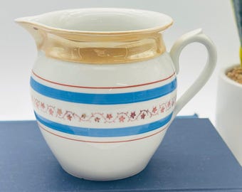 Made in Czechoslovakia Vintage Porcelain Creamer Blue Stripes Floral Luster Rim