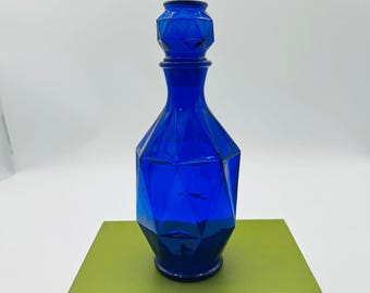 Cobalt Blue Glass Decanter Faceted Geometric Design with Stopper 10"