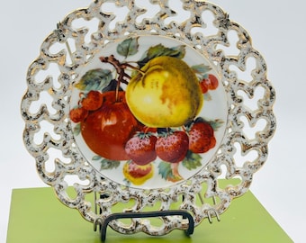 Japan Vintage Reticulated Fruit Plate Gold Gilded 8" Strawberry Apple