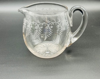 Vtg Etched Fern Glass Pitcher Starburst Wide Base Clear 6" Botanical