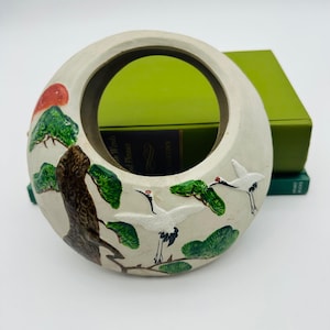 Antique Hand Painted Japanese Banko Pottery Circular Wall Pocket Crane Pine Tree