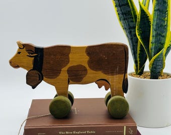 Vintage Wooden Cow Pull Toy Hand Painted Farmhouse Folk Art Decor