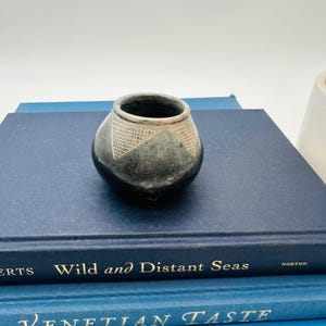 May include: A small, dark gray ceramic pot with a geometric design. The pot has a rounded body and a wide opening. The design features a grid pattern and triangular shapes. The pot is sitting on top of a stack of blue books.