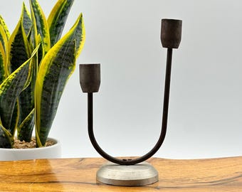 Vintage Brutalist Wrought Iron Double Taper Candle Holder Asymmetrical Modernist