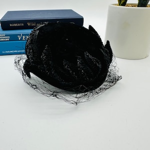 Vintage Black Velvet Pillbox Hat Face Veil with Dot Accents Union Label Black Velvet Pillbox Hat - Etsy main image 4