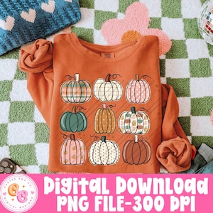Nine Pumpkins PNG, Patchwork Grid, Autumn Patterns (Orange Green Pink Plaid) | Digital Download