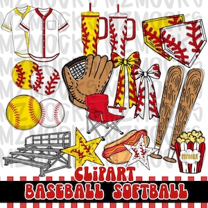 May include: A collection of baseball and softball themed illustrations including a jersey, tumblers, home plates, balls, a glove, bows, a folding chair, bats, bleachers, stars, a hot dog, and popcorn with the text CLIPART BASEBALL SOFTBALL.