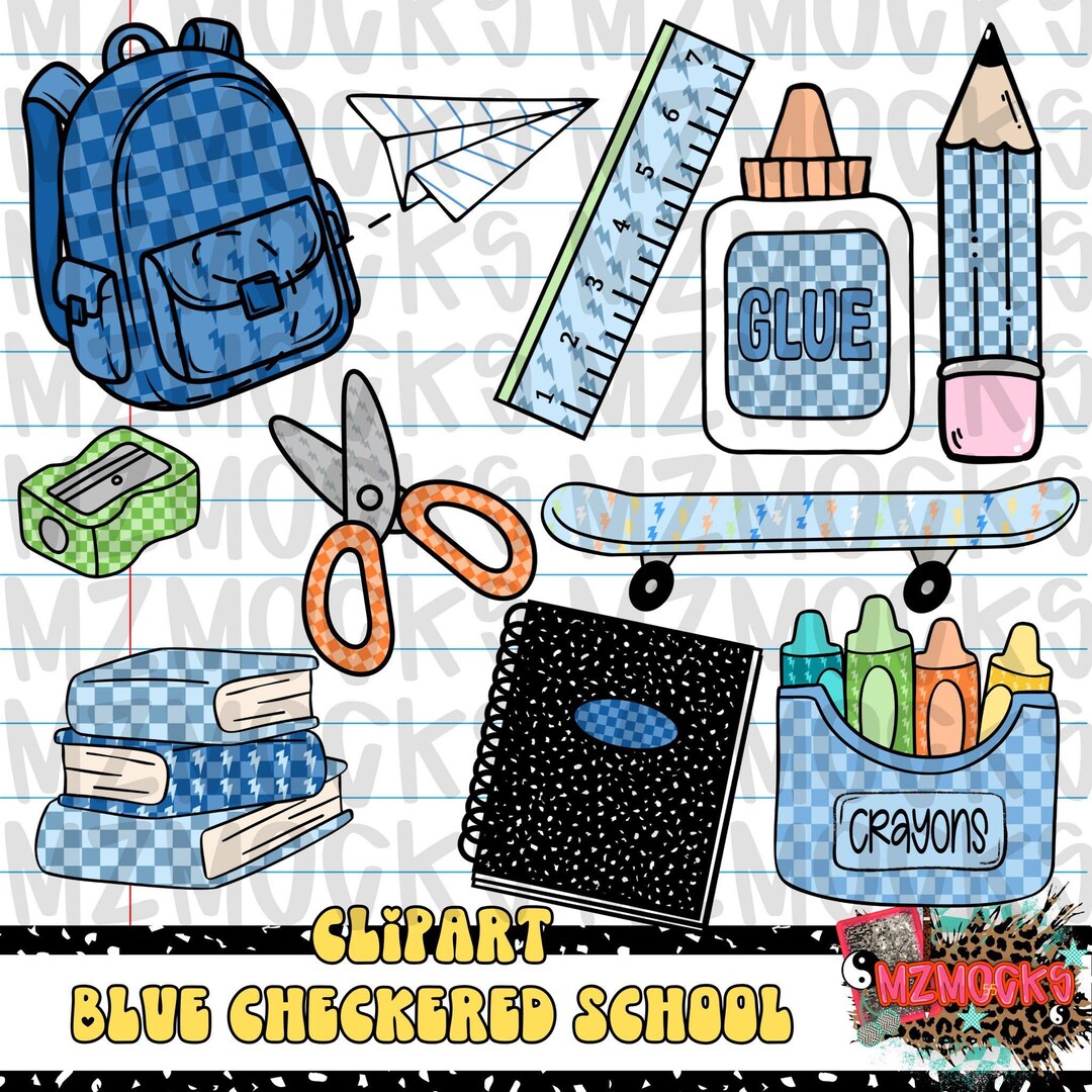 Blue School Clipart, Checkered Backpack Elements | PNG Bundle ...