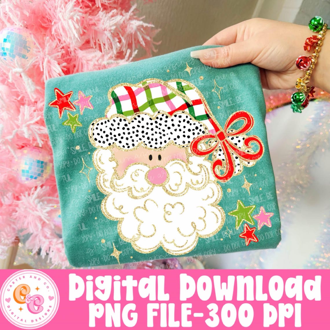 Light Skin Santa Png, Plaid Hat Red Bow | Gold Sparkle Stars | 300 Dpi ...