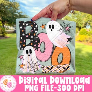 Boo Patchwork PNG, rosa orange mönstrade spöken | Halloween digital nedladdning, sublimeringsdesign