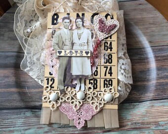 Altered Bingo Card - Love Decoration - Vintage Couple Ornament - Vintage Couple Decor