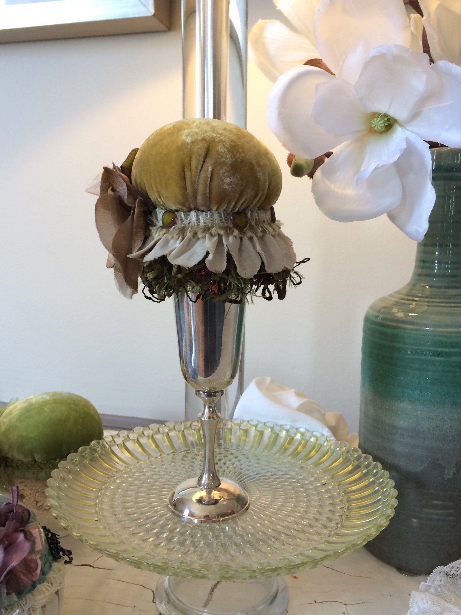 Victorian Pincushion Silver Goblet Pincushion Gold Velvet Pincushion