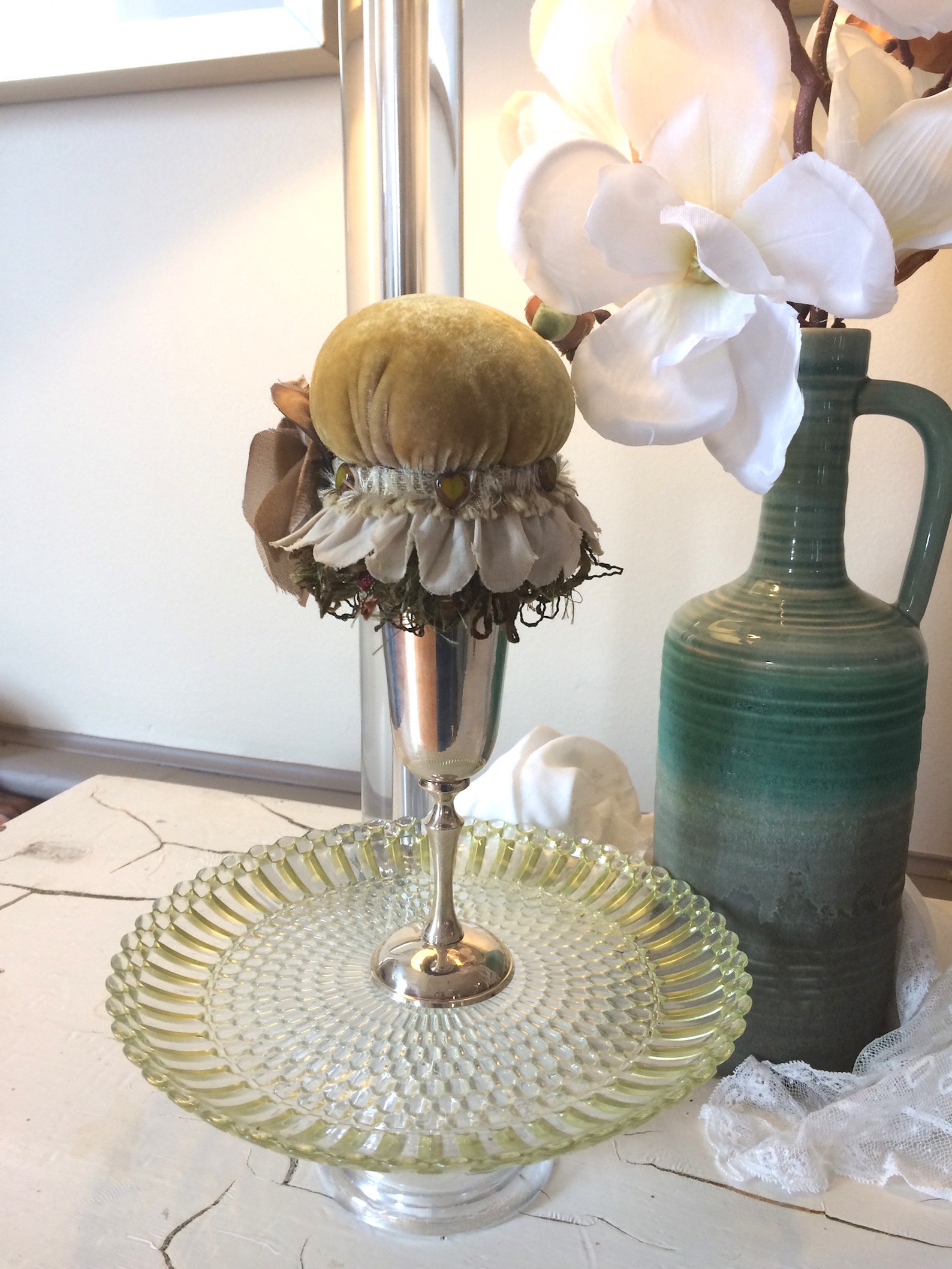 Victorian Pincushion Silver Goblet Pincushion Gold Velvet Pincushion