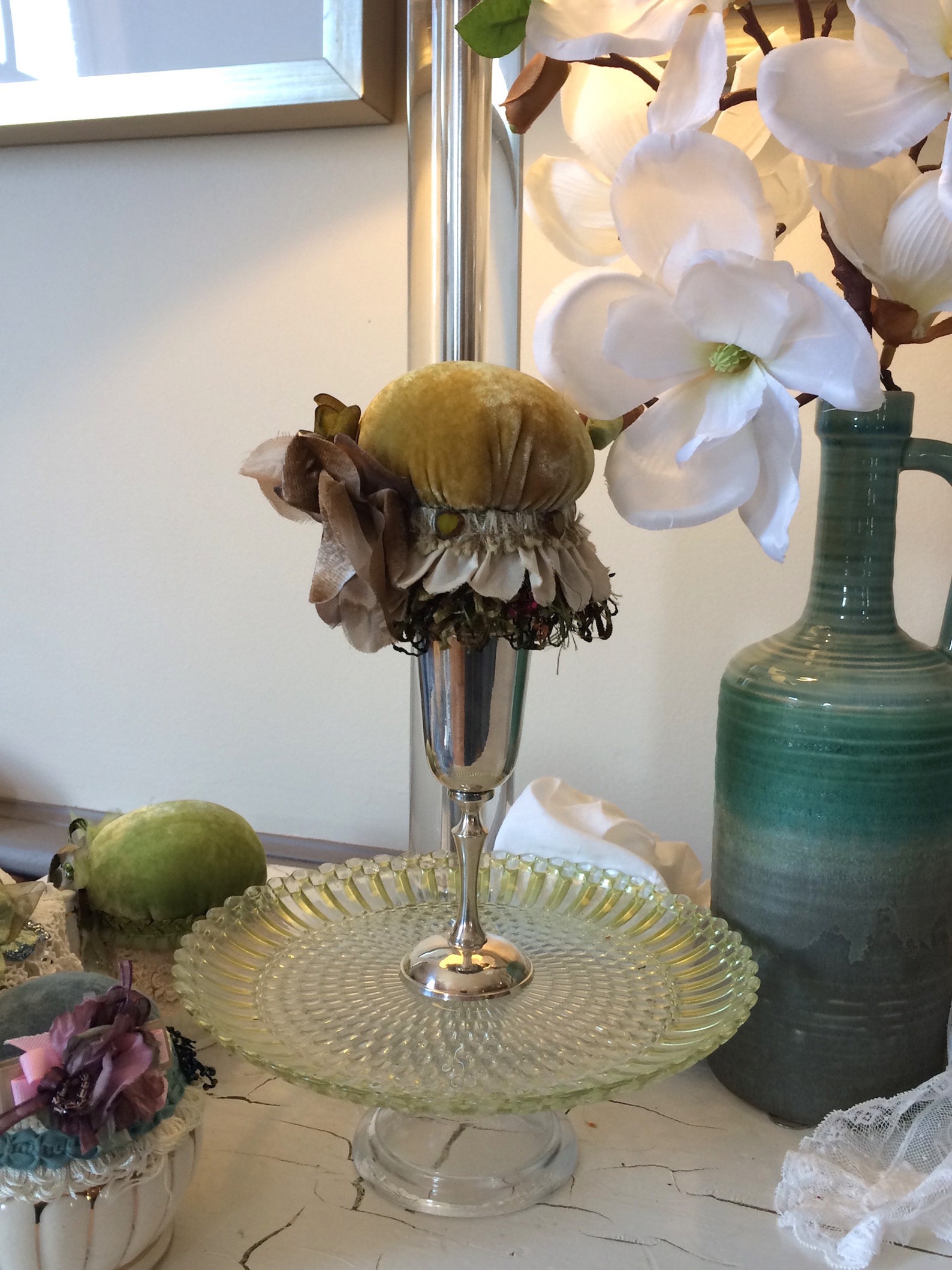 Victorian Pincushion Silver Goblet Pincushion Gold Velvet Pincushion