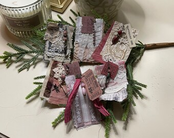 Junk Journal Embellishments - junk journal clusters - fabric/lace tag toppers