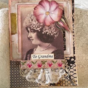 Carte d'anniversaire grand-mère - carte de style vintage faite main - carte d'amour - carte de dame vintage
